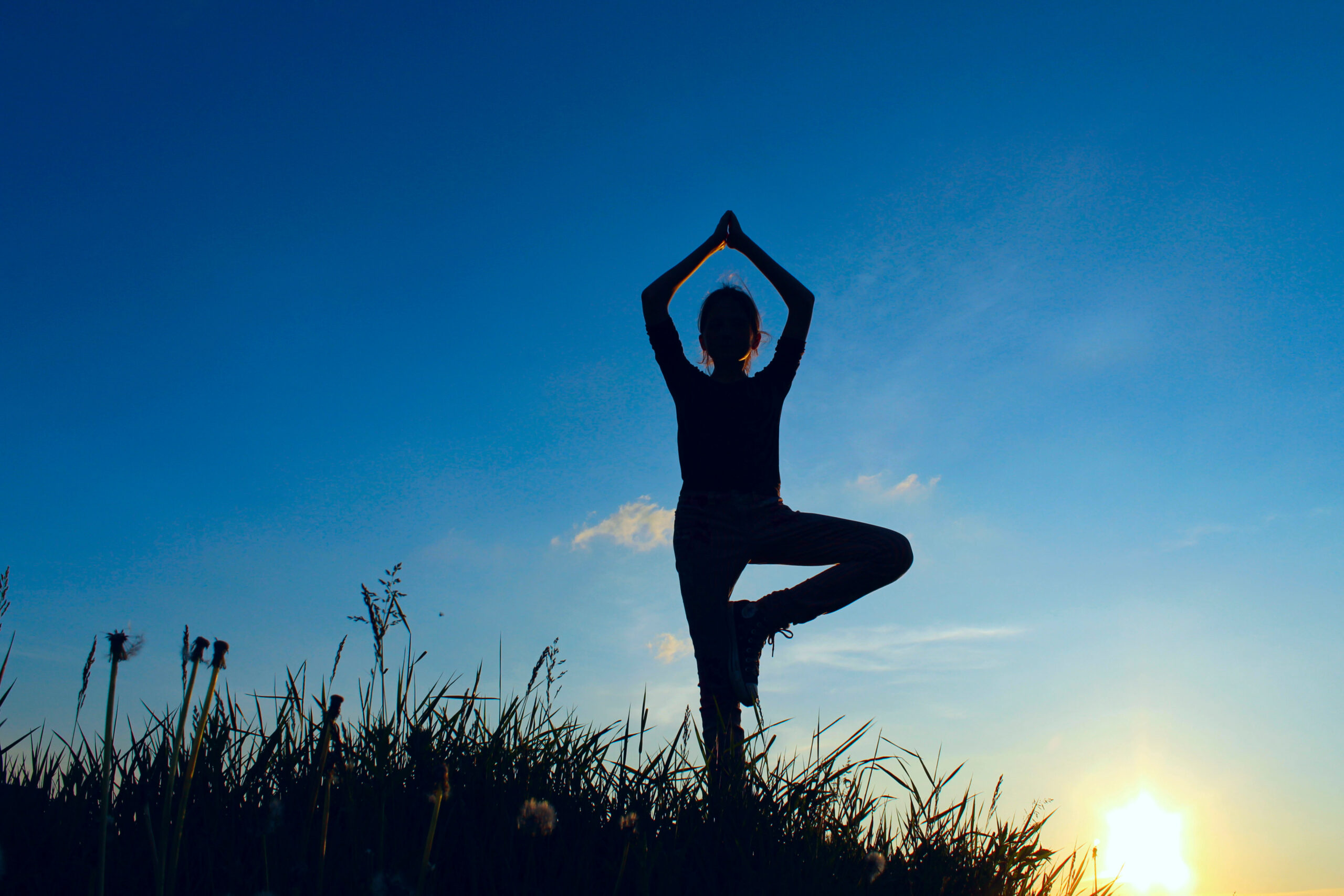 Teenage Girl In A Balancing Yoga Position. Young Girl In Tree Pose Position, Outdoors.